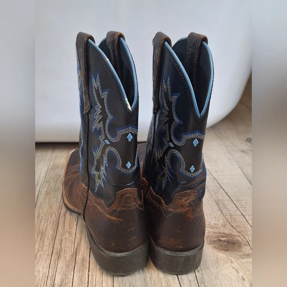 Ariat Tombstone Boys Western Boots Brown Blue Square Toe Size 4 Leather 4LR